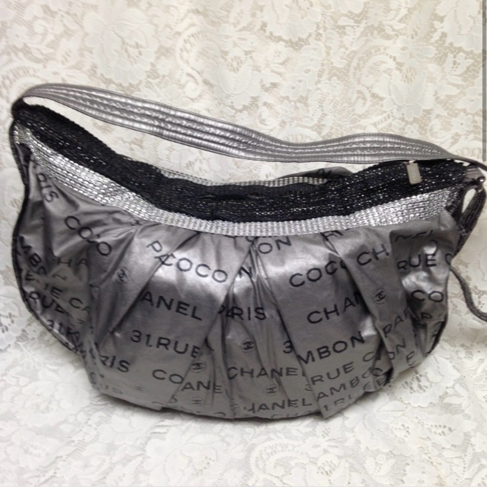 Chanel Silver-Black Weekender-Beach Crossbody-Hand Bag 10in H x  20in L x 8in W
